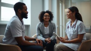Images of Ethiopian couples aged 25 35 meeting with healthcare providers in a clinic